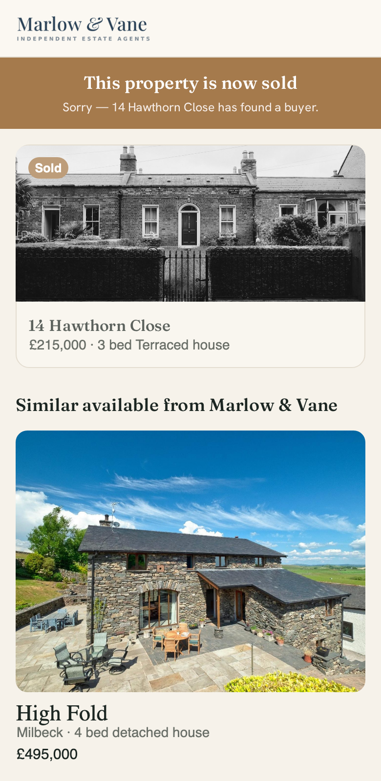 The sold-state buyer page: a Sold announcement followed by the agency's similar available properties nearby